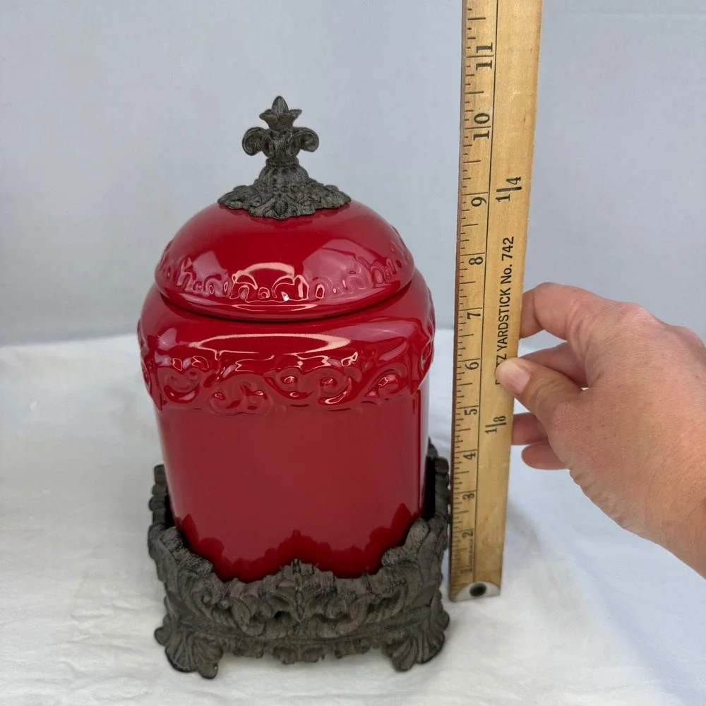Drake Design Red Ceramic Canister Set of 3 Fleur De Lis Metal Base Kitchen Decor